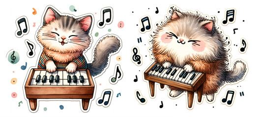 Watercolor illustration sticker set with cats playing music on piano. Collection of cartoon characters for kids. Isolated, elements for print, card, invintation, baby playroom. - obrazy, fototapety, plakaty