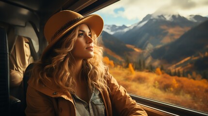 The film has a beautiful and symmetrical portrait of a female traveler. Travel blogger and adventurer who inspires adventurers to go outside the train window. See breathtaking views. Generate AI - obrazy, fototapety, plakaty