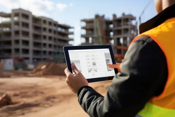 Poster Construction worker holding tablet in hands at a construction site © Jasmina