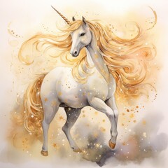 Obraz na płótnie Canvas Golden Unicorn Watercolor Clipart Elegant Unicorn Amongst Stars