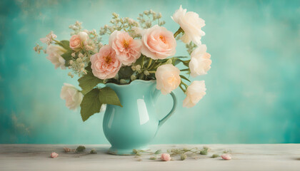 Obraz na płótnie Canvas Lovely flowers on turquoise shabby chic background. Festive greeting card