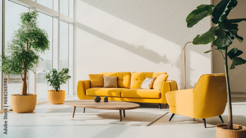 Wall mural a contemporary living room with yellow furniture and a modern minimalist architectural office interi