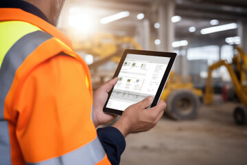 Construction worker holding tablet in hands at a construction site - Powered by Adobe