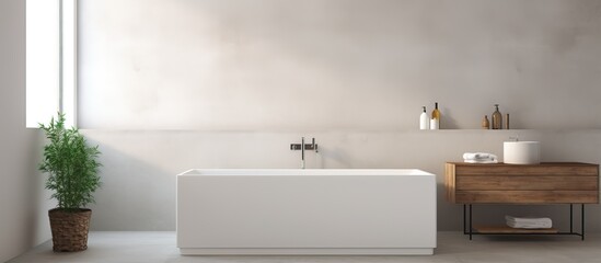 Fototapeta na wymiar Contemporary bathroom featuring a spacious tiled bathtub with no occupants