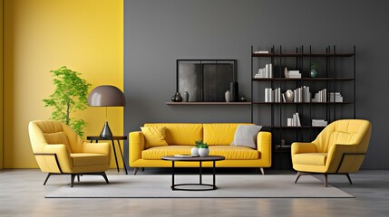 A contemporary living room with yellow furniture and a modern minimalist architectural office interior. generative AI