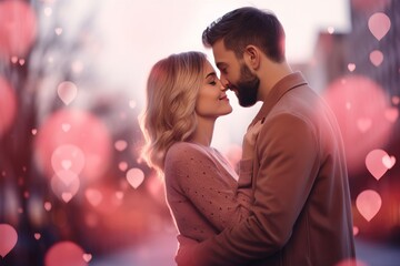 Young romantic couple hug against pink hearts on background. Valentines day holiday. Romantic date