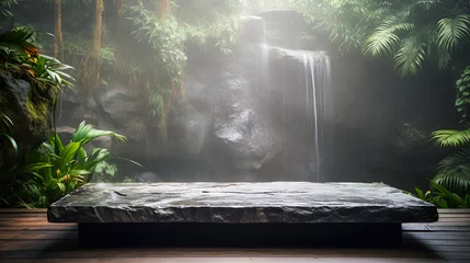 Foto op Plexiglas Natural stone podium for presentation any product in front of tropical waterfall in rainforest. © AB-lifepct