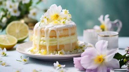 A delectable lemon-infused coconut sponge cake, exquisitely decorated with pastel-hued edible flowers and a drizzle of zesty lemon glaze, set against a backdrop of lush greenery.