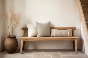 Wooden Bench with Cushions near Stairs, Cozy Nook with Copy Space. Rustic Charm and Comfortable Seating in a Tranquil Setting. Ideal Spot for Relaxation and Reflection in Your Home