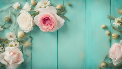 Lovely flowers on turquoise shabby chic background. Festive greeting card