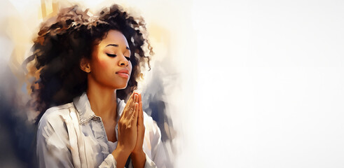 abstract illustration of a stunningly pretty young African american black woman praying with her hands clasped - profile side view - white background - watercolor strokes - copy space - banner - obrazy, fototapety, plakaty