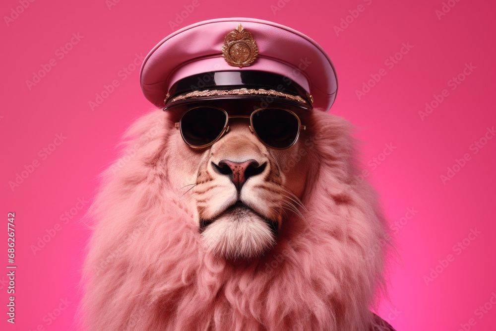 Poster a lion wearing a hat and sunglasses on a pink background. perfect for adding a fun and playful touch