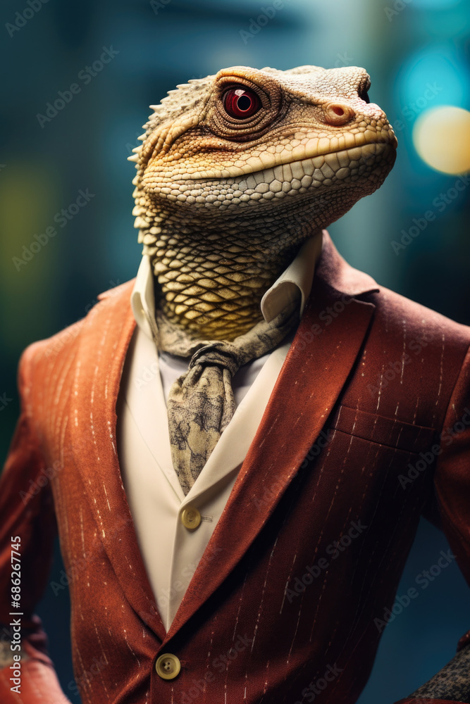 Aufkleber A picture of a lizard dressed in a suit and tie. This image can be used to represent a unique and unconventional business concept or to add a touch of humor to presentations and marketing materials