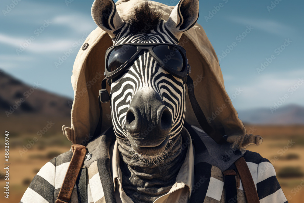 Poster a zebra is pictured wearing sunglasses and a jacket. this image can be used to add a fun and fashion
