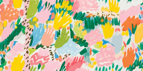 Abstract plant leaf art seamless pattern with colorful freehand doodle collage. Organic leaves cartoon background, simple nature shapes in vintage pastel colors.
