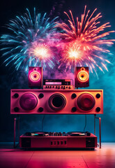 Party event flyer, new year's eve, christmas with loudspeakers and fireworks, design background...