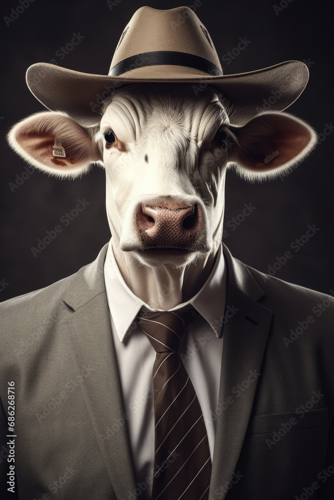 Poster a picture of a cow dressed in a suit and hat. this image can be used for various purposes.