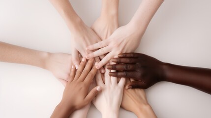 diverse hands forming a circle, symbolizing unity in diversity, friendship, togetherness, teamworking, collaboration