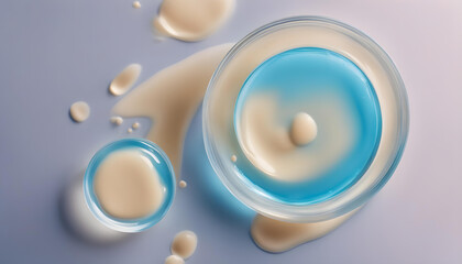 banner smear of cream round transparent drop of banner transparent gel serum in a petri dish on a blue background - obrazy, fototapety, plakaty