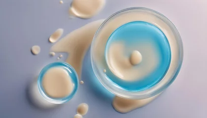 Foto op Aluminium banner smear of cream round transparent drop of banner transparent gel serum in a petri dish on a blue background © iqra
