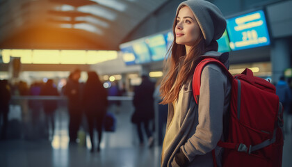 Young urban woman wearing coat and headwear stands in the airport and looks at the digital screen with flight schedule information. Passenger at a transport station.