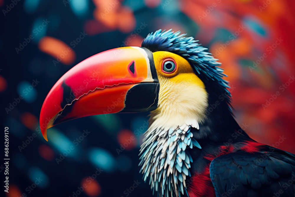 Poster A close-up view of a bird with a vibrant and colorful beak. This image can be used to add a pop of color and interest to various projects.
