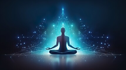 yoga lotus pose with blue neural connection lines and glowing dots. Binary Mindfulness background. - obrazy, fototapety, plakaty