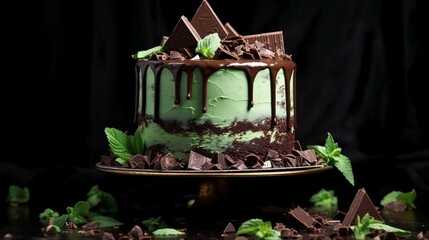 A decadent chocolate cake with mint, adorned in rich emerald green frosting, surrounded by delicate chocolate shavings.