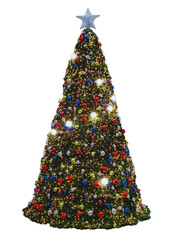 A Christmas tree with a silver star on top. The tree is decorated with colorful lights and...