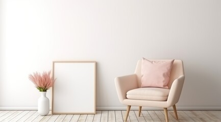 Feminine Interior Square Frame Mockup in Light Colors Armchair, White Wall, Delicate Design