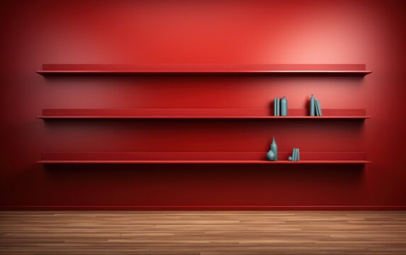 Empty Red Showroom Shelfbook for Exhibition Product 3D Rendering