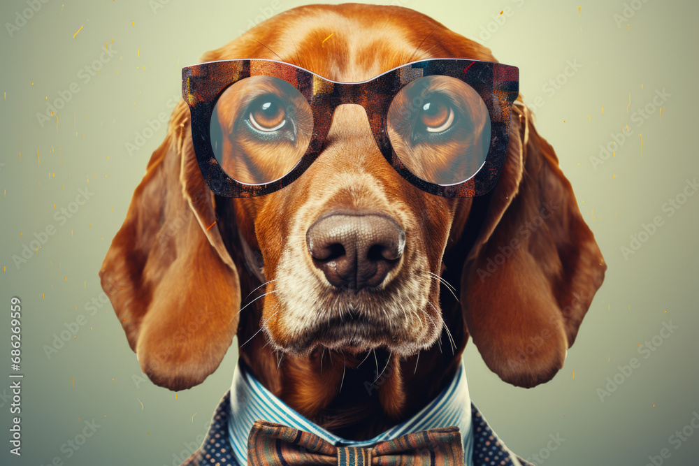 Poster a picture of a dog wearing glasses and a bow tie. this image can be used to represent a stylish and 