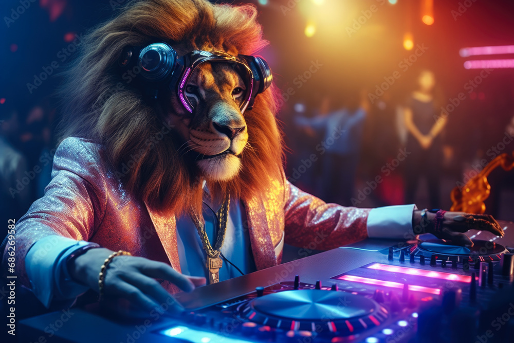 Poster a man dressed as a lion is seen playing a dj set, creating a lively atmosphere. this image can be us