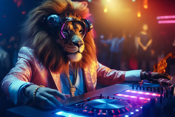 A man dressed as a lion is seen playing a DJ set, creating a lively atmosphere. This image can be used to capture the energy and excitement of parties, music events, and costume parties. - obrazy, fototapety, plakaty