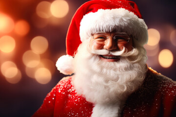 A close-up shot of a person dressed in a Santa suit. This image can be used for holiday-themed designs and advertisements.