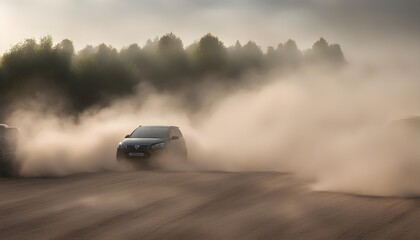 A cloud of dust from cars on nature as a background