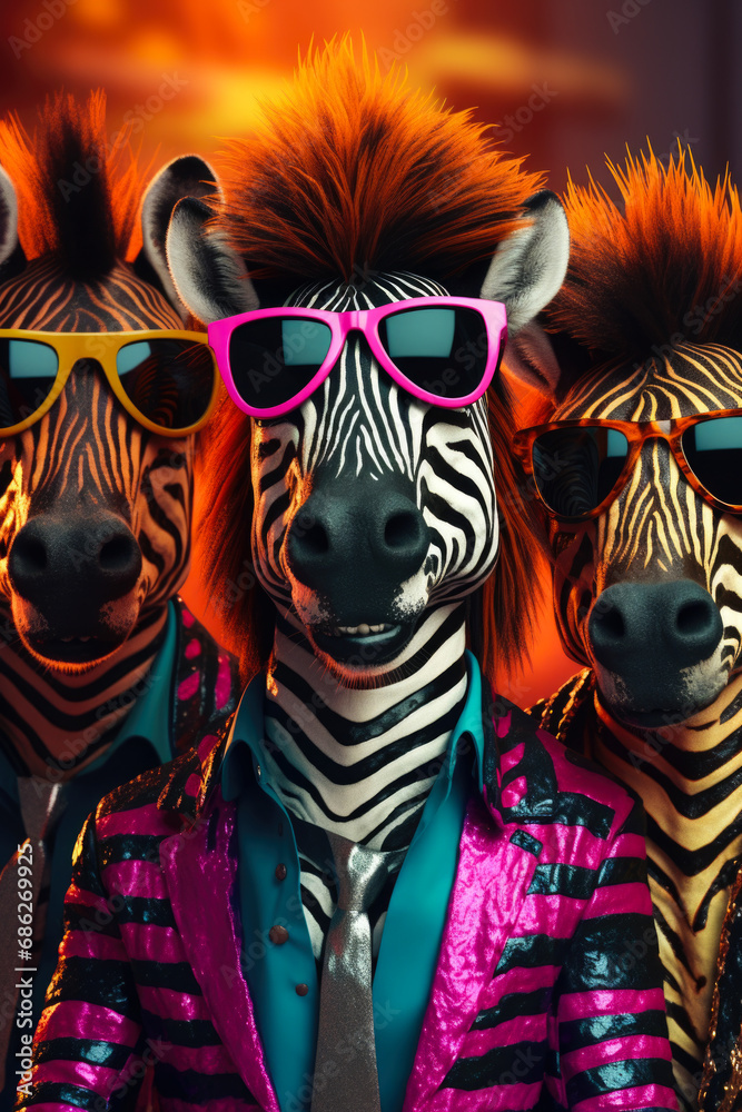 Poster a group of zebras standing together while wearing sunglasses. perfect for adding a touch of fun and 