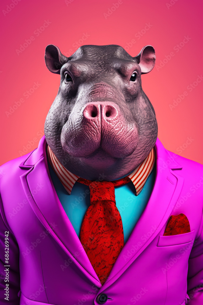 Aufkleber A picture of a hippo dressed in a stylish purple suit and a red tie. This image can be used to depict a unique and fashionable character or to add a touch of humor to various projects
