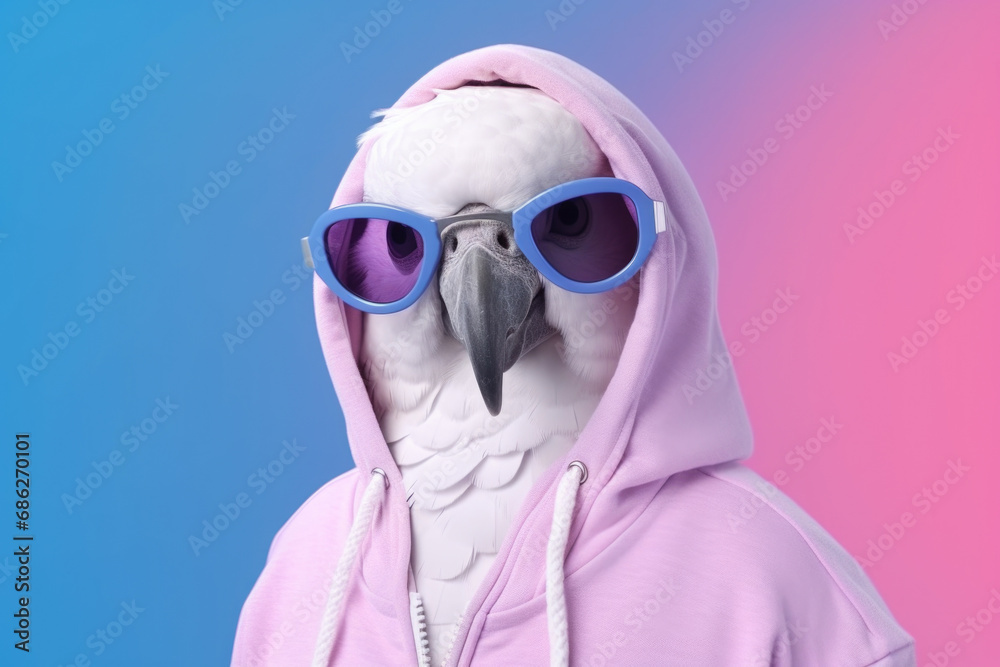 Poster a picture of a parrot wearing sunglasses and a pink hoodie. this image can be used to add a fun and 