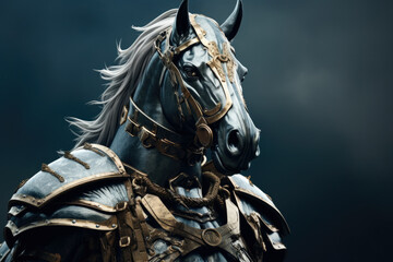 A close-up view of a horse wearing armor. This image can be used to depict medieval knights, historical battles, or equestrian events.