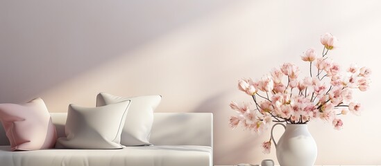 Create a illustration of a Scandinavian living room with flowers in a vase and stylish personal accessories