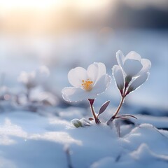 A snow-white flower with petals in pastel shades in a snowdrift looks out: background, screensaver, postcard, winter, spring, frosty, cold, snowy (Ai generation)
