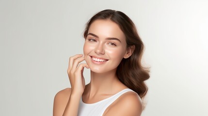 Fototapeta premium A portrait of a smiling woman wearing natural makeup and smiling in front of a white wall.