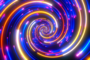 Minimal spiral in rotation. Abstract background in blue and yellow neon colors. Rotating galaxy. Space background for event, party, carnival, celebration, anniversary or other. 3D rendering.