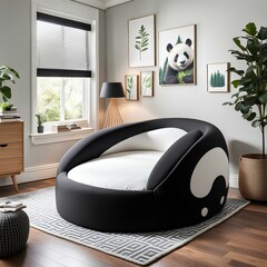 charming bedroom with a panda den shaped bed-frame made from soft foam, beautiful bedroom, modern...