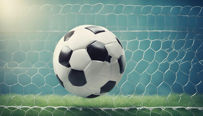 Soccer ball in goal on blue background