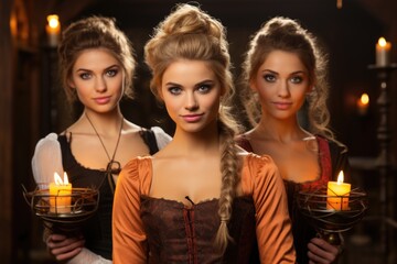 Beautiful attractive young 3 girls, in the style of magic of sorcery and witches, gothic style with flames of fire and dark style
