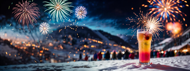 Drink on the snow with fireworks and people in the mountains slope, new year party banner, event background panoramic.  Generative AI. - obrazy, fototapety, plakaty