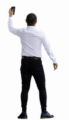 man isolated on a white background in business clothes with a loudspeaker in his hand