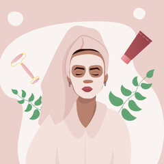 girl with a face mask with cream and face roller - self care vector illustration 